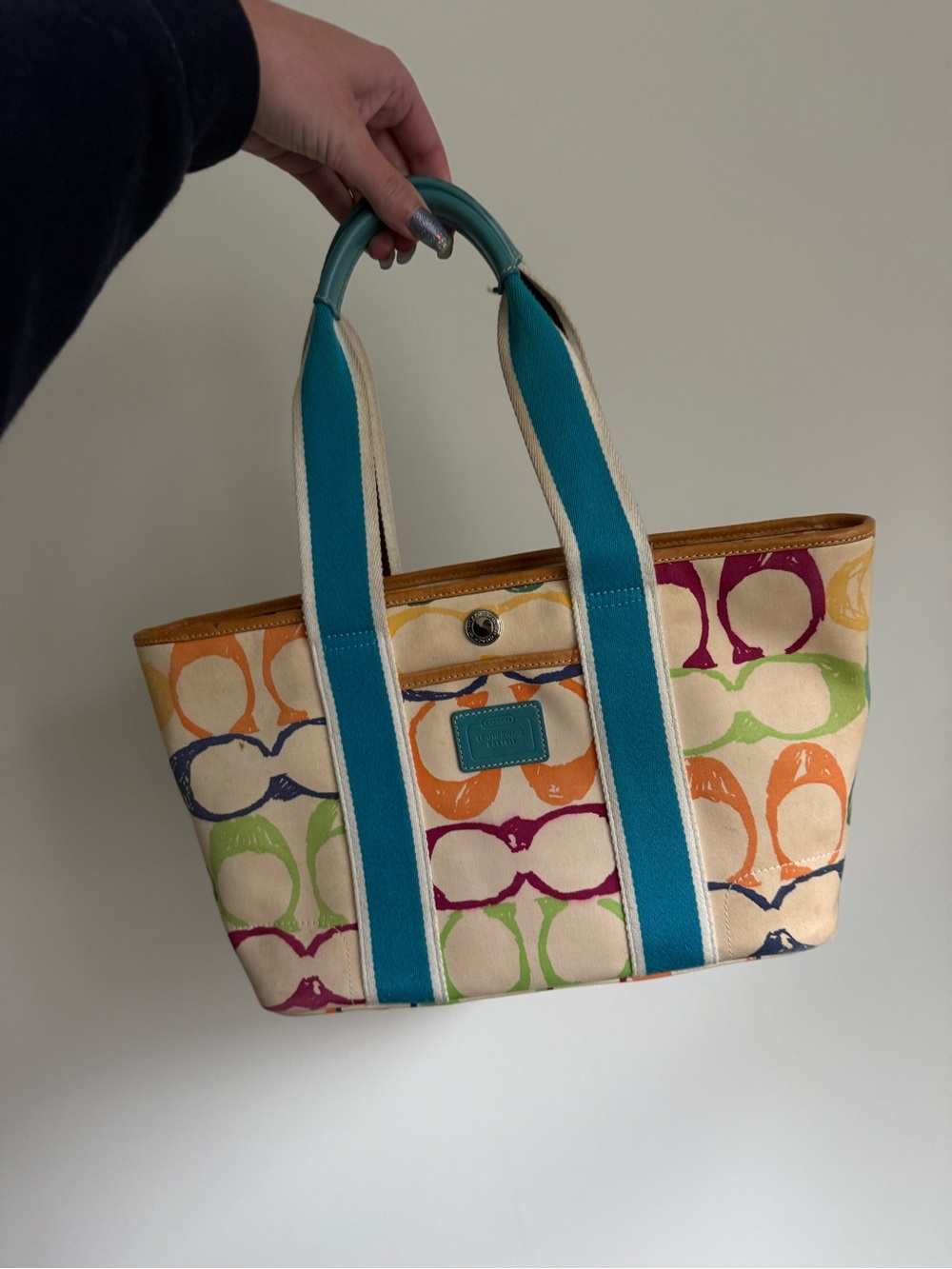 Vintage Coach Multicolor Signature Canvas Tote with Teal Straps and Tan Trim